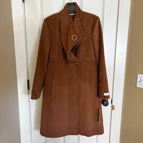 NWT Calvin Klein Asymmetrical Stand Collar Wool-Blend Coat Spice